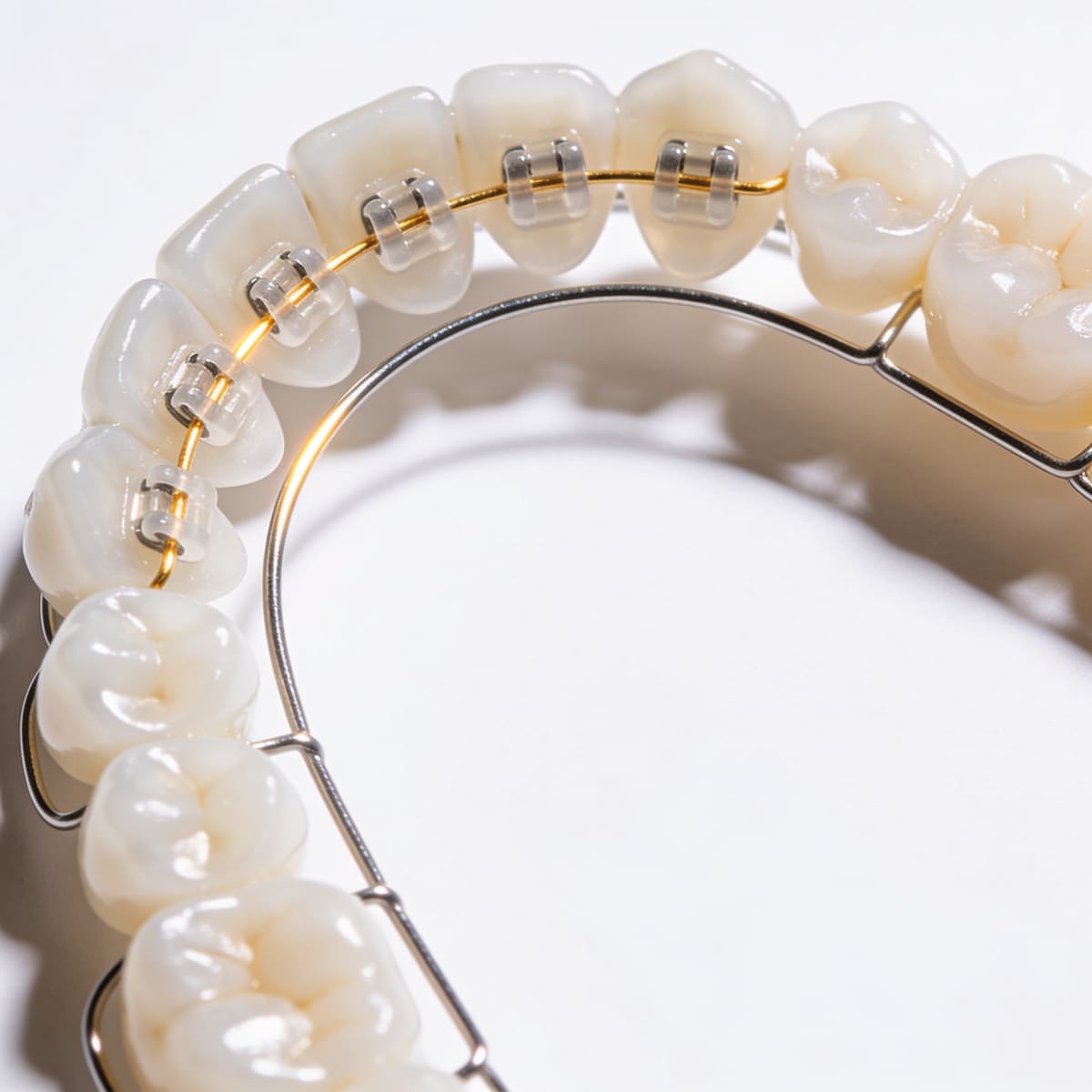 Bracket metálico y bracket de cerámica comparados sobre mármol blanco