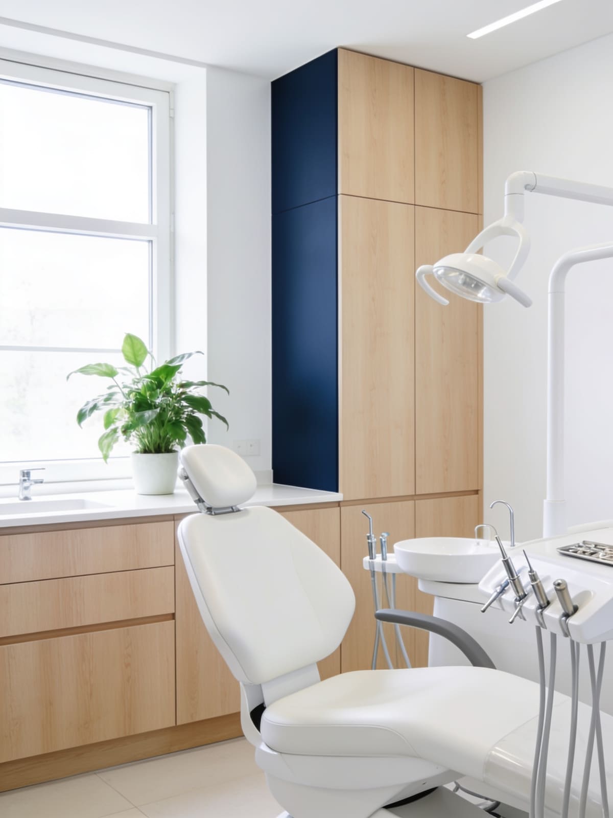 Sala de tratamiento luminosa de Estetic Dent, con luz natural y sillón dental blanco