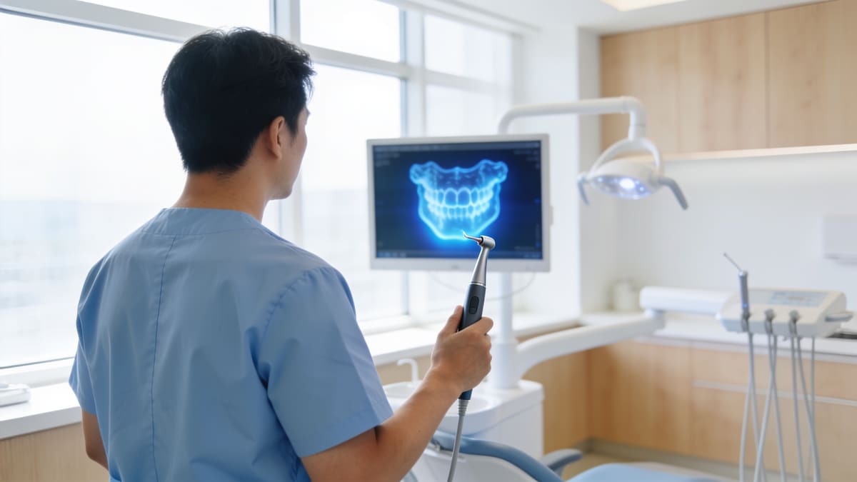 Odontóloga usando un escáner intraoral 3D para planificar los implantes